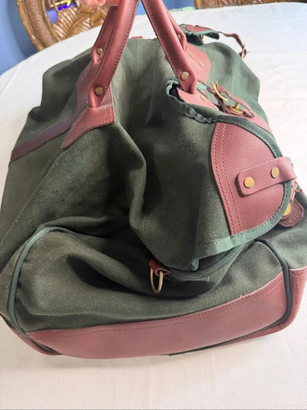 Vintage Orvis Battenkill Green Canvas Leather Duffel Weekender Travel Bag